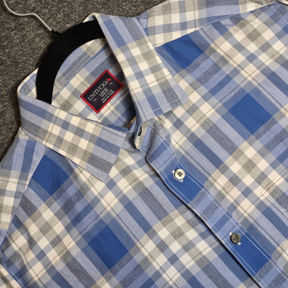 Untuckit Men's Slim Fit Large Button Shirt Blue Gray‎ Plaid Long Sleeve